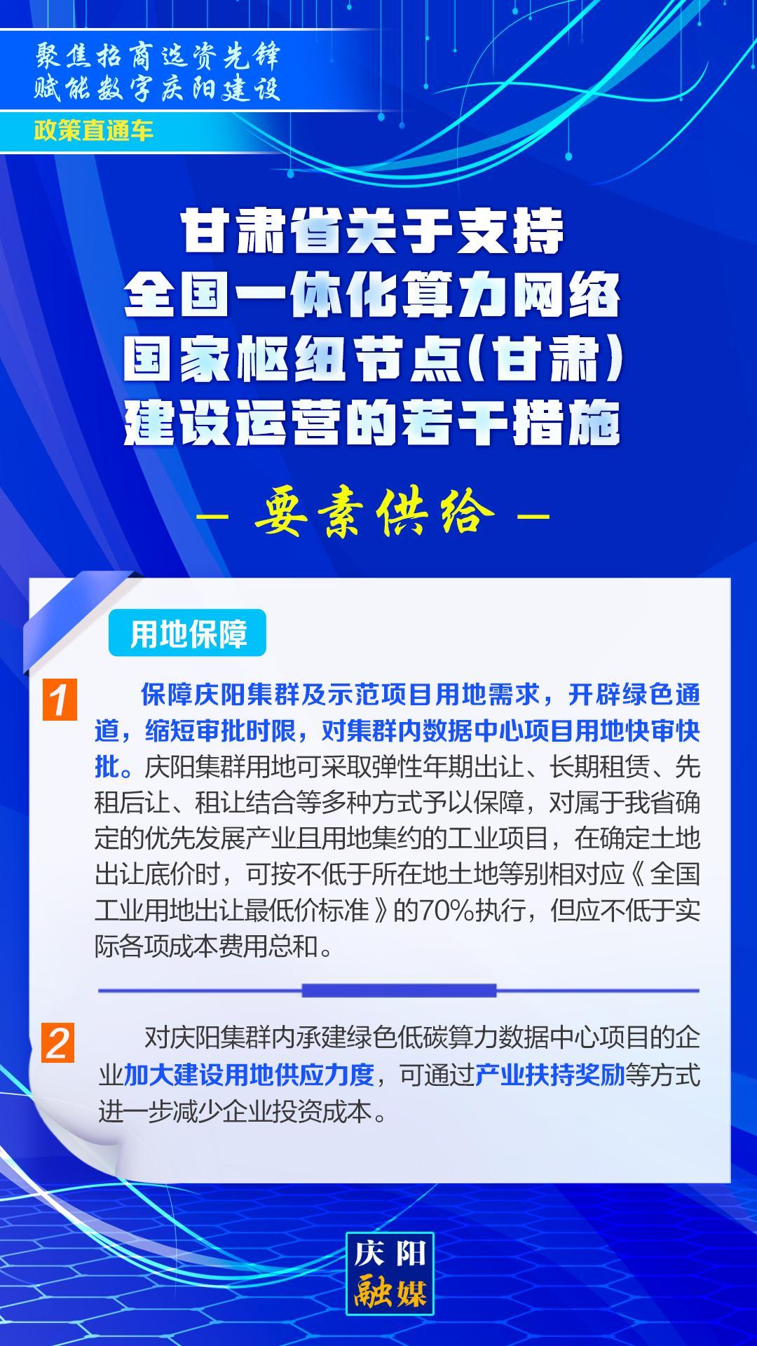 【聚焦招商選資先鋒 賦能數(shù)字慶陽建設(shè)】甘肅省關(guān)于支持全國一體化算力網(wǎng)絡(luò)國家樞紐節(jié)點(diǎn)(甘肅)建設(shè)運(yùn)營的若干措施︱要素供給——用地保障