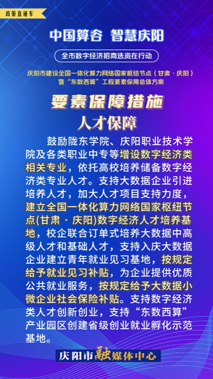 【V視】慶陽市建設(shè)全國一體化算力網(wǎng)絡(luò)國家樞紐節(jié)點（甘肅 ·慶陽）暨“東數(shù)西算”工程要素保障總體方案︱要素保障措施——人才保障（四）